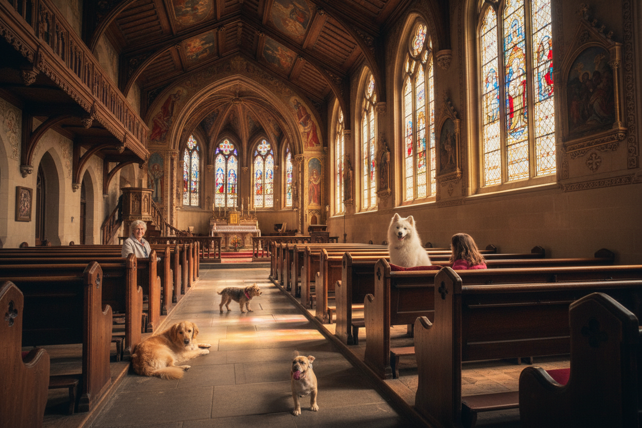 The interior of a Christian church with dogs inside of it